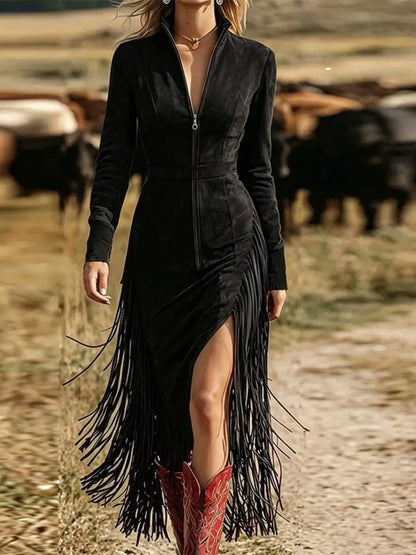 Fringe Zip-Front Midi Dress by Trendsi