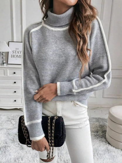 Full Size Contrast Trim Ribbed Hem Turtleneck Sweater Plus Size by Trendsi