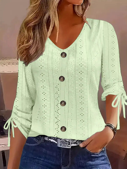 Eyelet Tie-Sleeve Detail Top by Trendsi