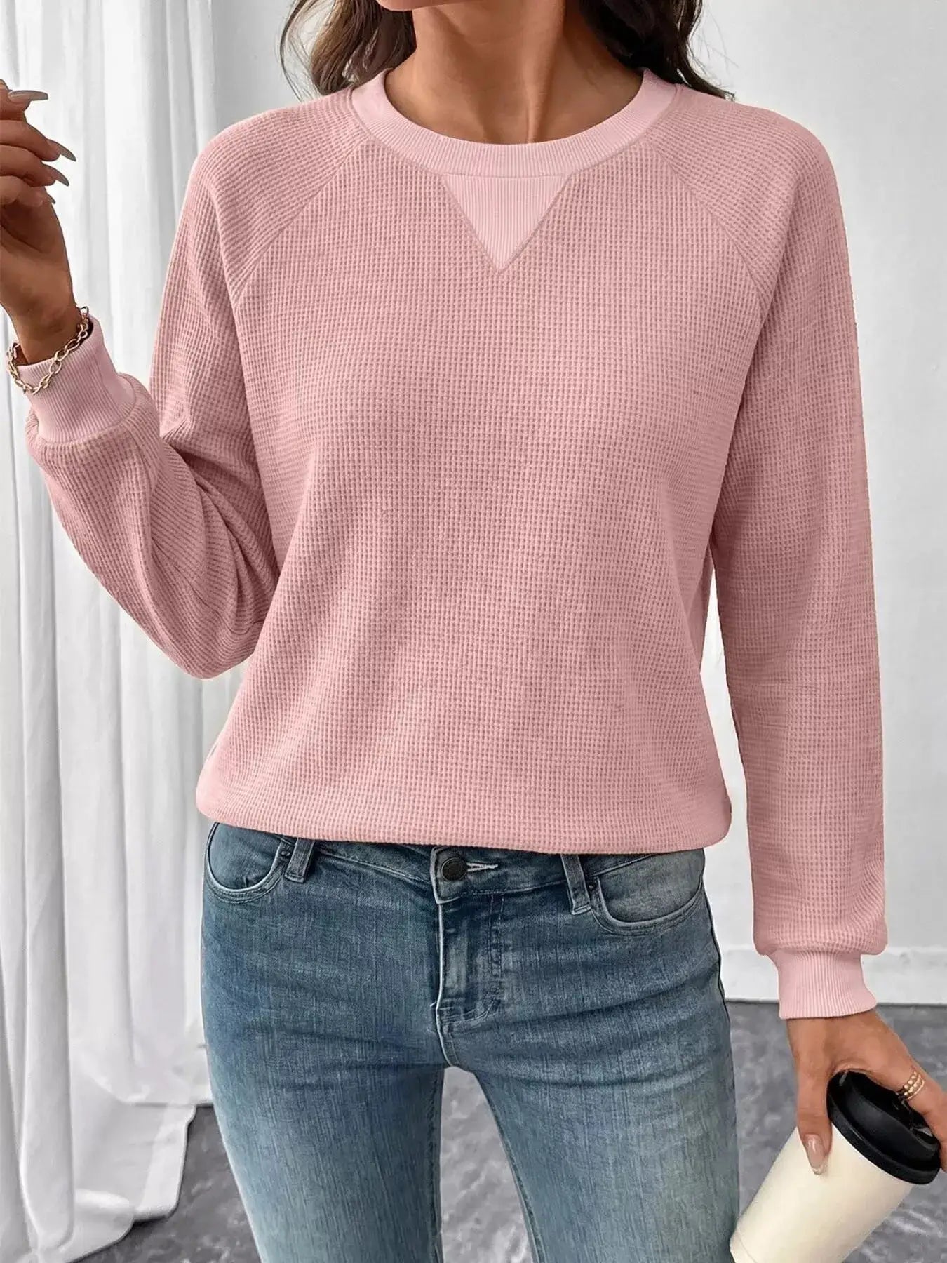 Waffle Knit Crew Neck Long Sleeve Sweatshirt by Trendsi