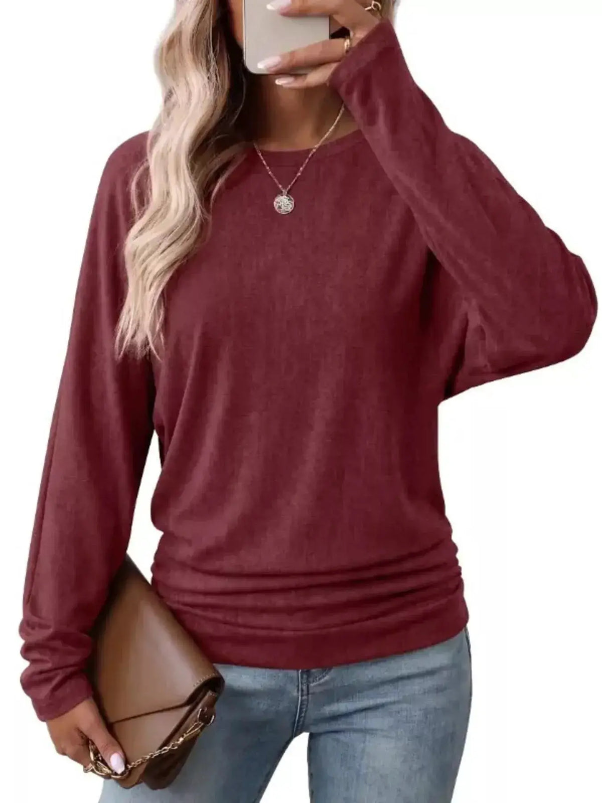 Long Sleeve Crew Neck Casual T-Shirt with Ruched Hem by Trendsi