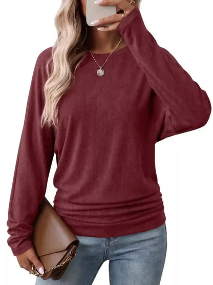 Long Sleeve Crew Neck Casual T-Shirt with Ruched Hem by Trendsi