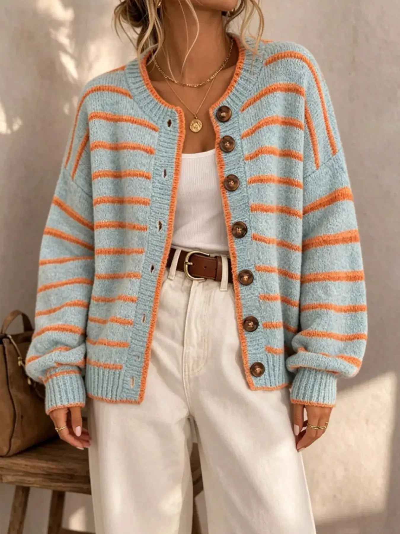 Striped Button-Down Knit Cardigan by Trendsi