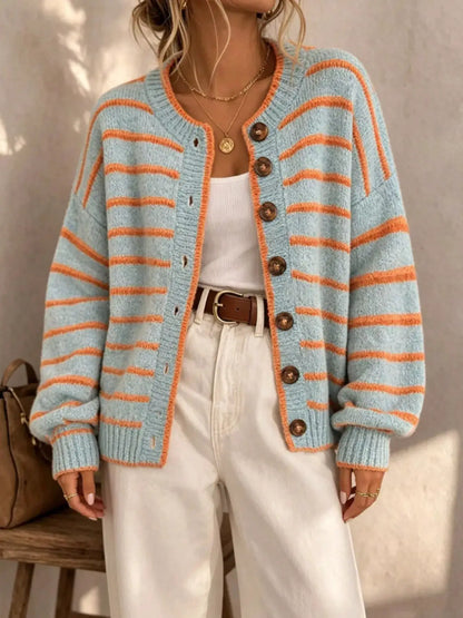 Striped Button-Down Knit Cardigan by Trendsi