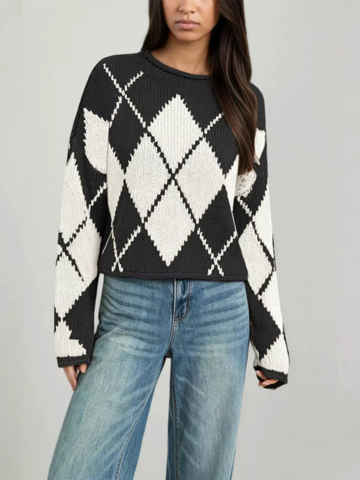 Argyle Pattern Knit Dropped Shoulder Sweater by Trendsi