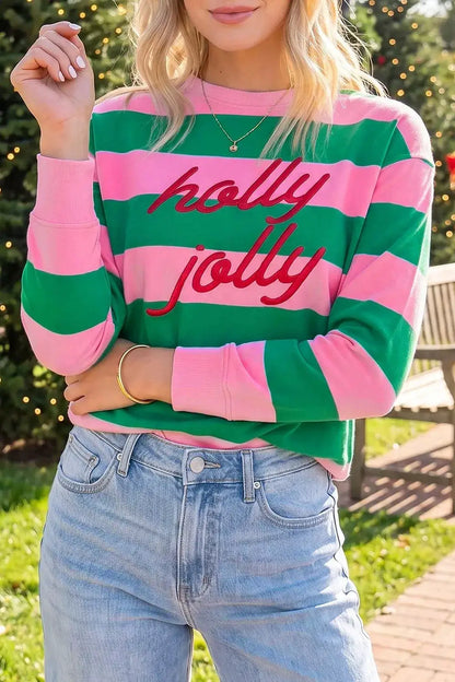 Stripe holly jolly Letter Embroidered Pullover Sweatshirt by Trendsi