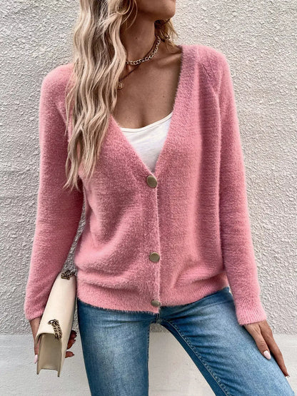 Soft Fuzzy V-Neck Button-Down Cardigan by Trendsi