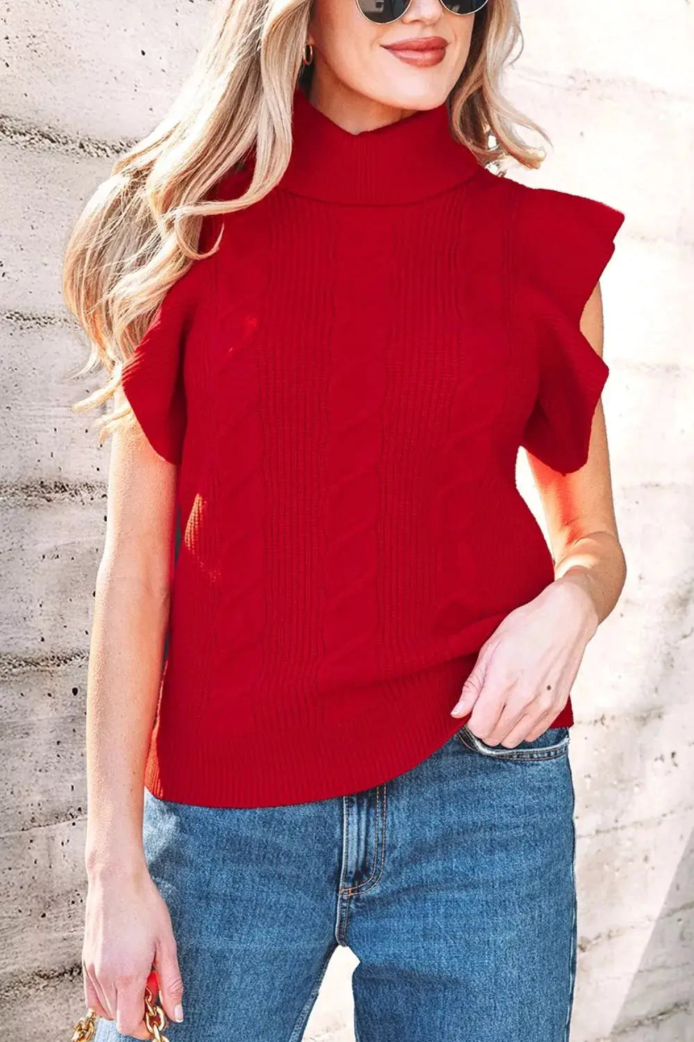 Cable Knit Turtleneck Ruffled Short Sleeve Sweater by Trendsi