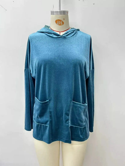 Velvet Front Pockets Hoodie by Trendsi