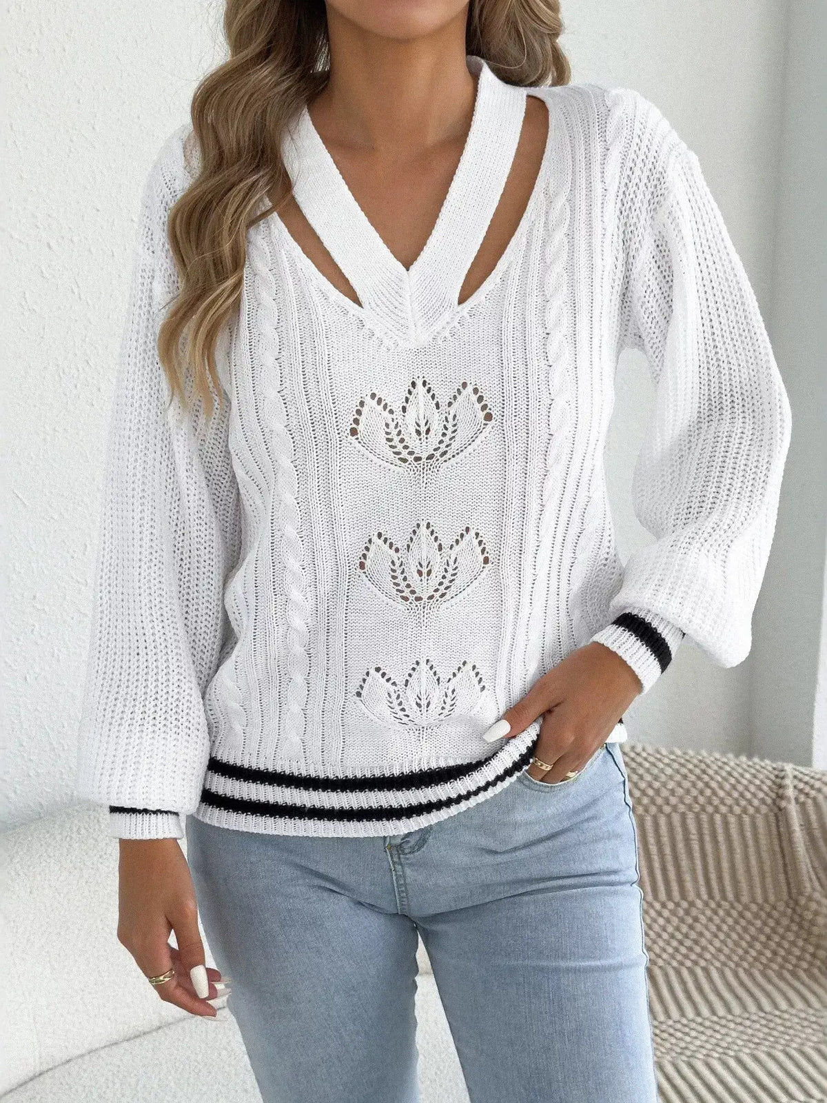 Cutout Cable Knit Sweater by Trendsi