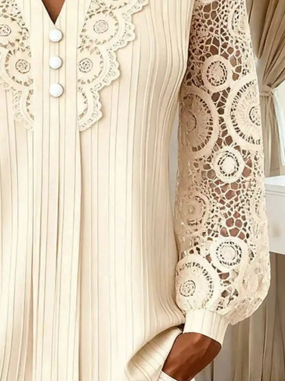 Lace Long Sleeve Notched Blouse by Trendsi