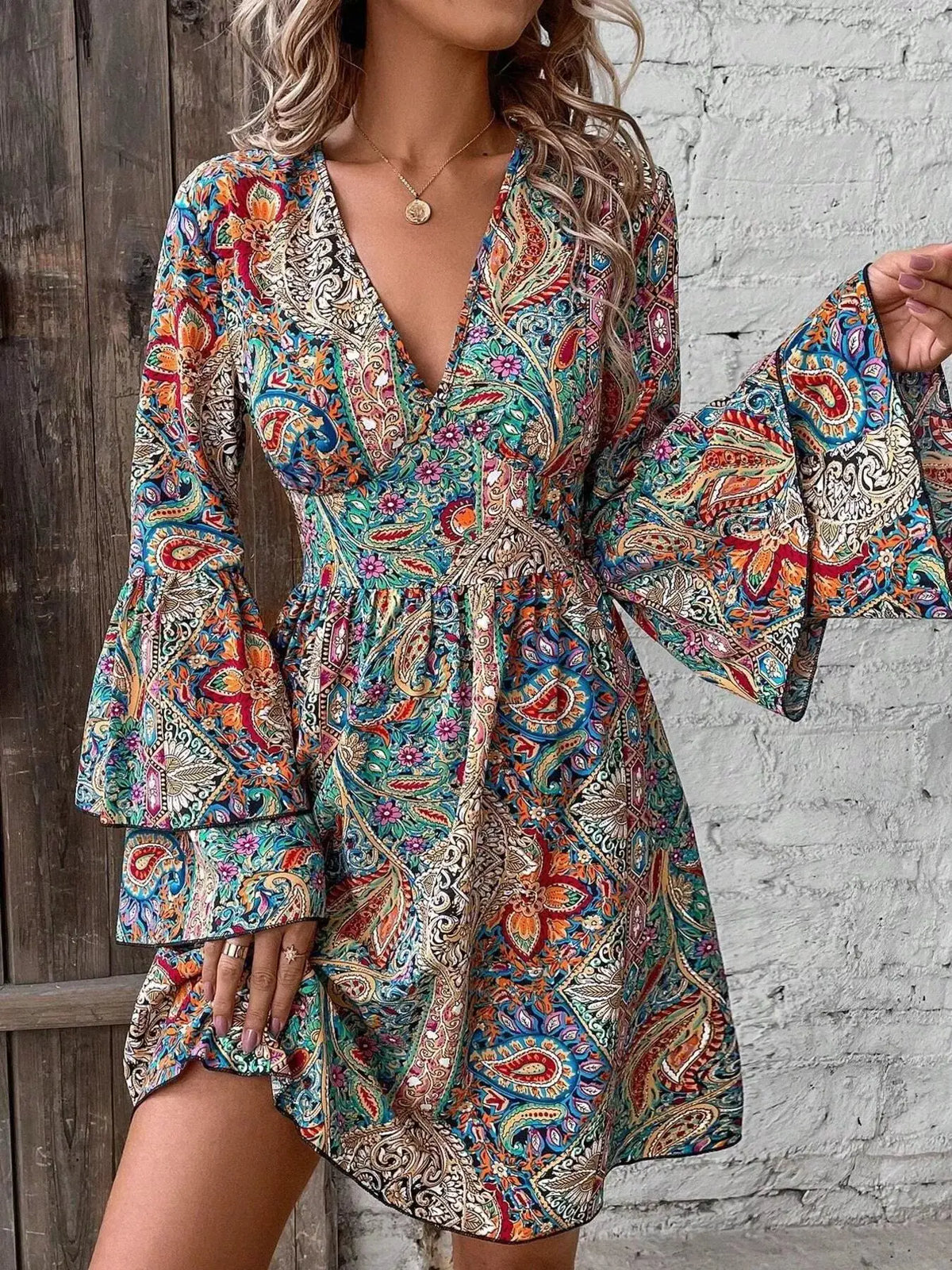 Paisley Print V-Neck Bell Sleeve Mini Dress by Trendsi
