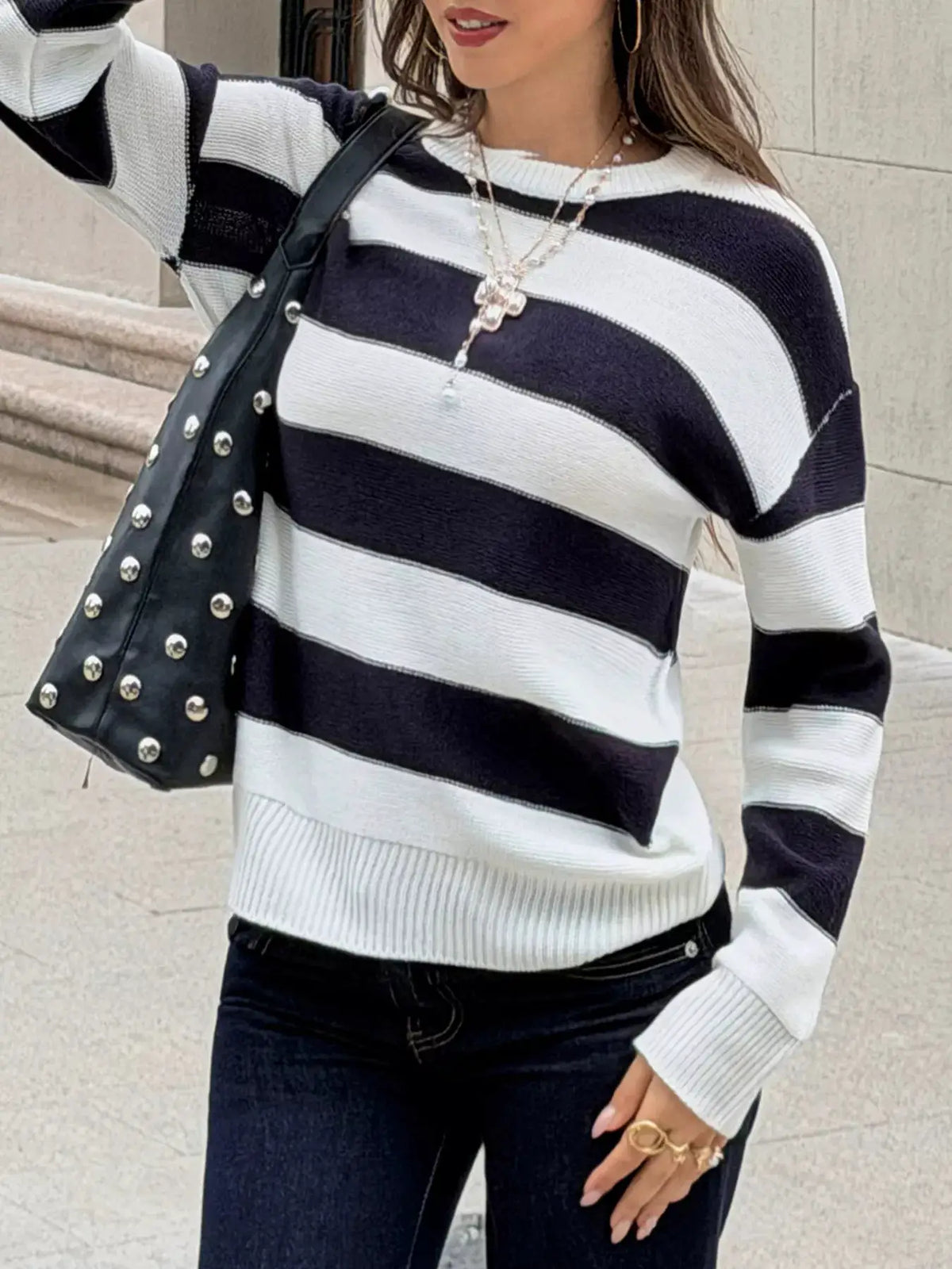 Striped Crew Neck Sweater by Trendsi