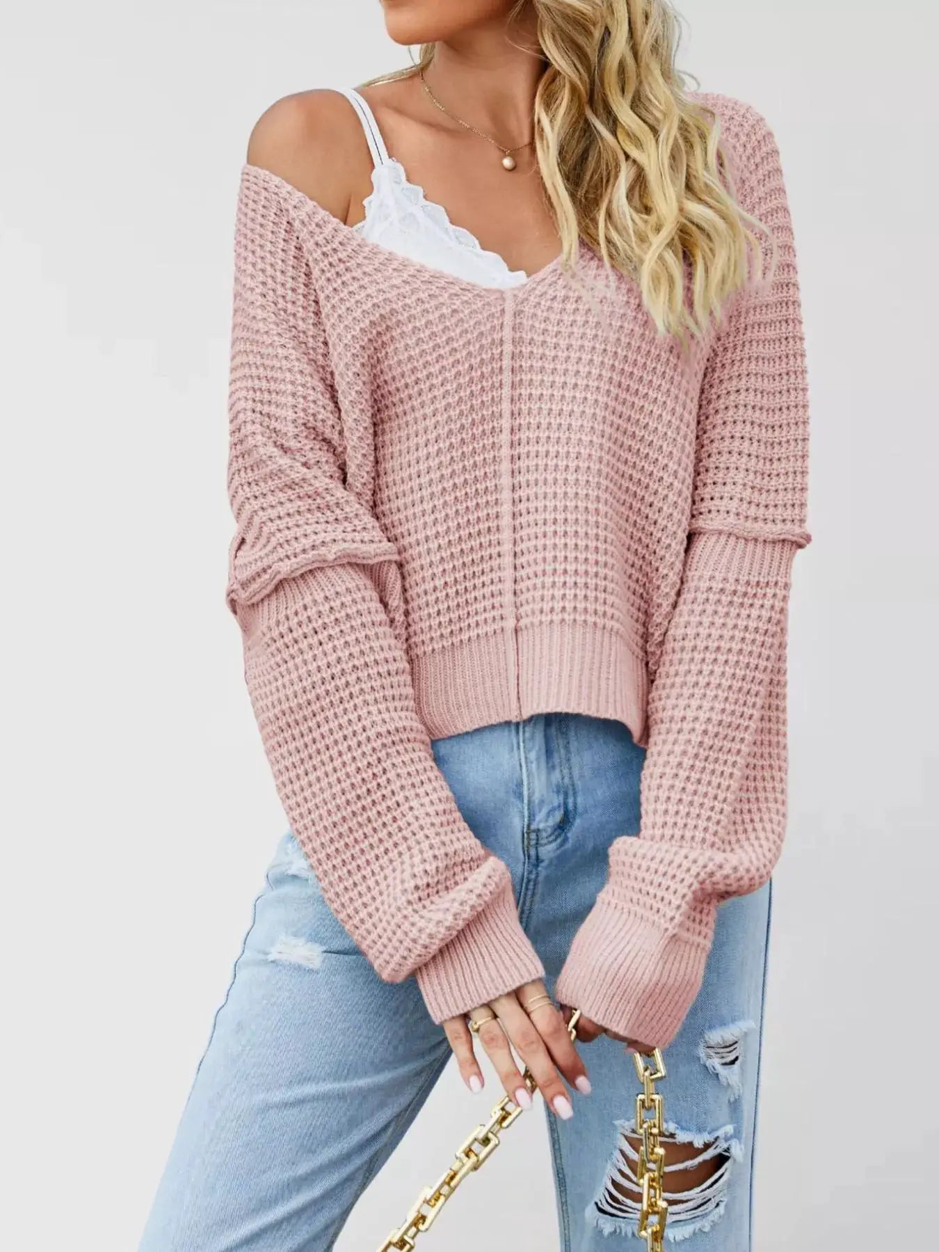 Waffle Knit Dropped Shoulder Sweater by Trendsi