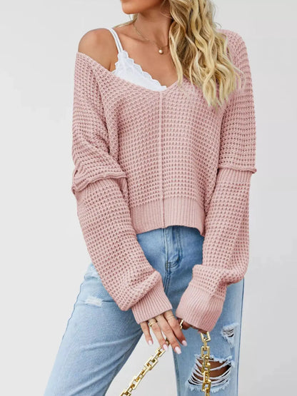 Waffle Knit Dropped Shoulder Sweater by Trendsi