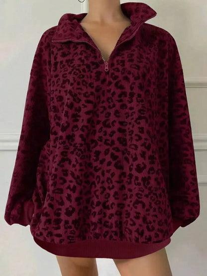 Leopard Print Quarter-Zip Sweatshirt by Trendsi