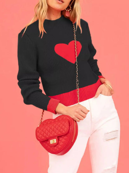 Color-Block Heart Pattern Ribbed Knit Sweater by Trendsi