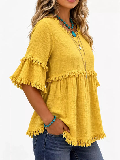 Full Size Frayed Edge Textured Blouse Plus Size by Trendsi