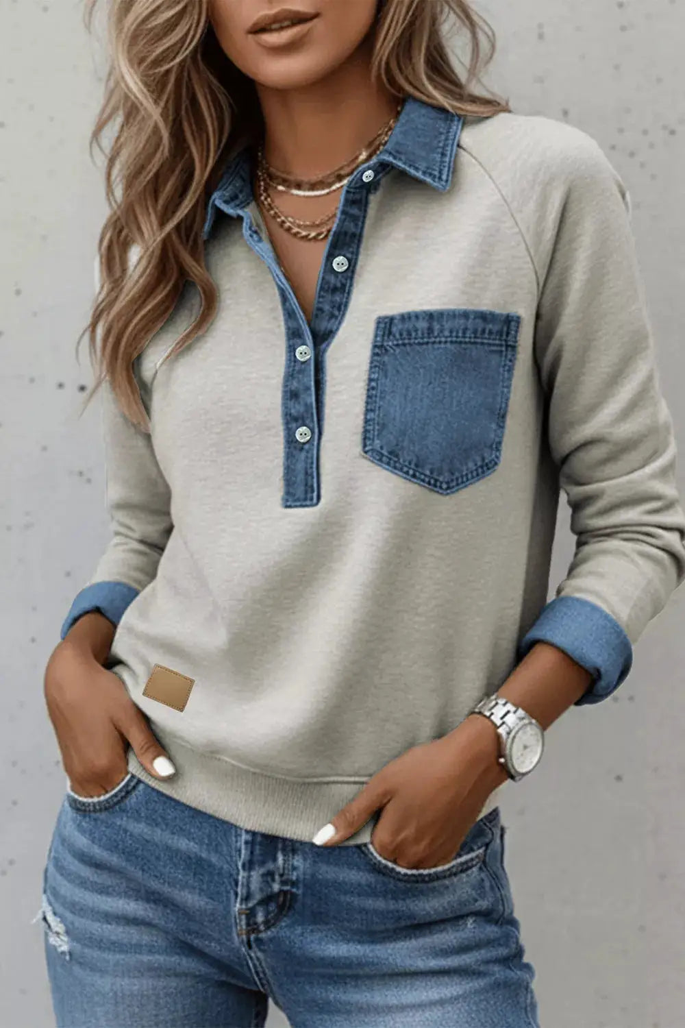 Denim-Trimmed Long Sleeve Top by Trendsi