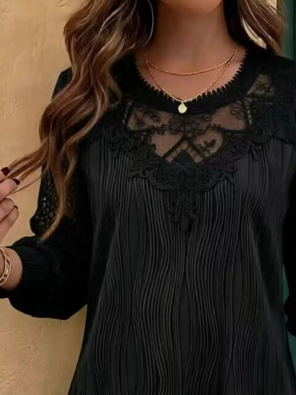 Lace Patchwork Long Sleeve Blouse by Trendsi