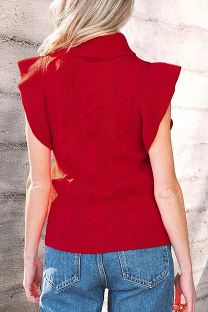 Cable Knit Turtleneck Ruffled Short Sleeve Sweater by Trendsi