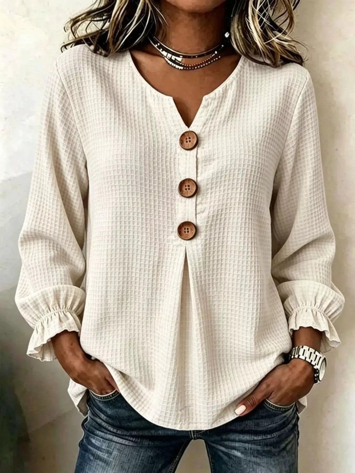 Waffle Knit Flounce Sleeve Top by Trendsi