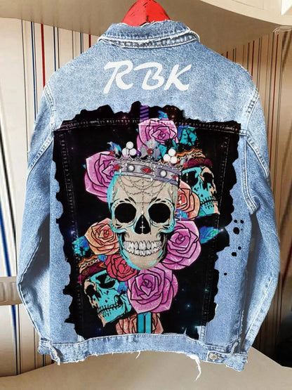 Full Size Skull and Rose Graphic Denim Jacket Plus Size by Trendsi