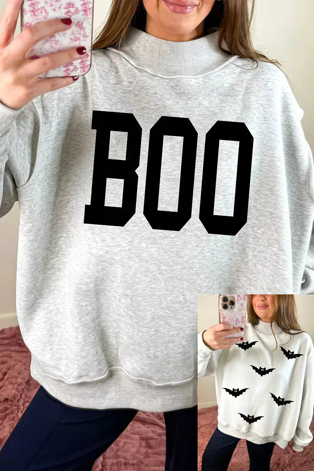 Halloween BOO & Bat Printed Reversible Mock Neck Sweatshirt by Trendsi