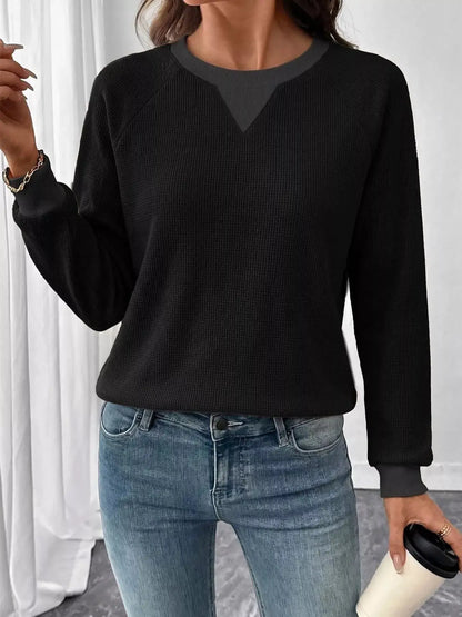 Waffle Knit Crew Neck Long Sleeve Sweatshirt by Trendsi