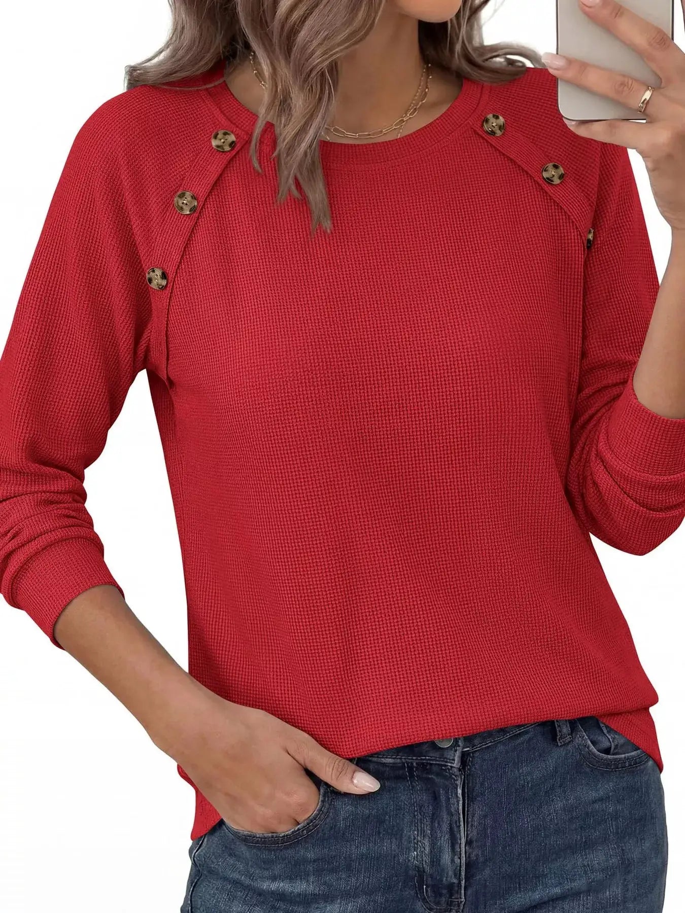 Decorative Button Waffle Knit Long Sleeve T-Shirt by Trendsi