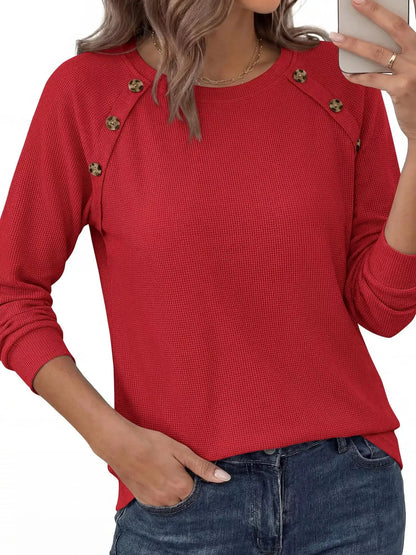 Decorative Button Waffle Knit Long Sleeve T-Shirt by Trendsi