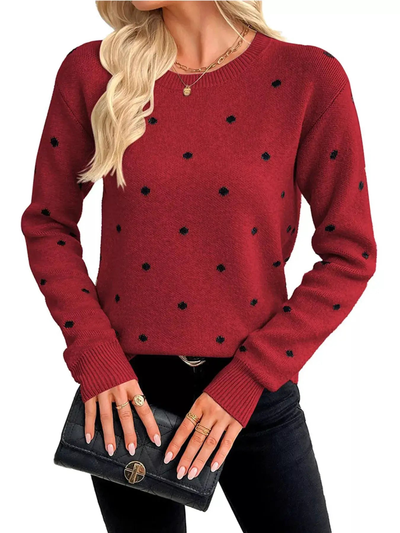 Polka Dot Crew Neck Sweater by Trendsi