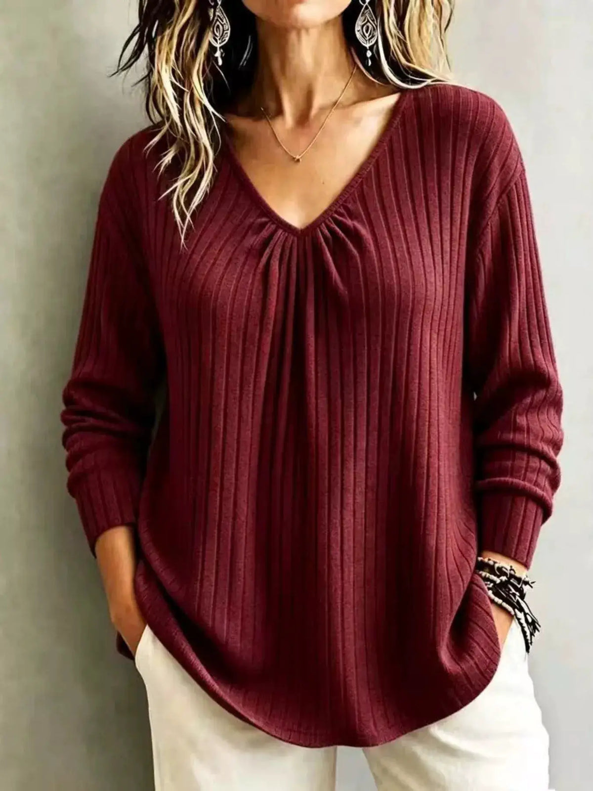 V-Neck Ribbed Long Sleeve T-Shirt by Trendsi