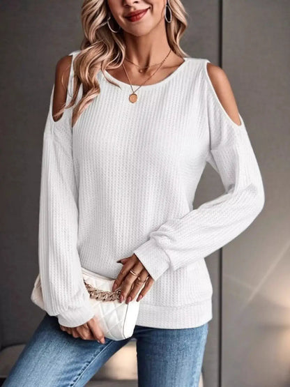 Solid Color Cold Shoulder Long Sleeve T-Shirt by Trendsi