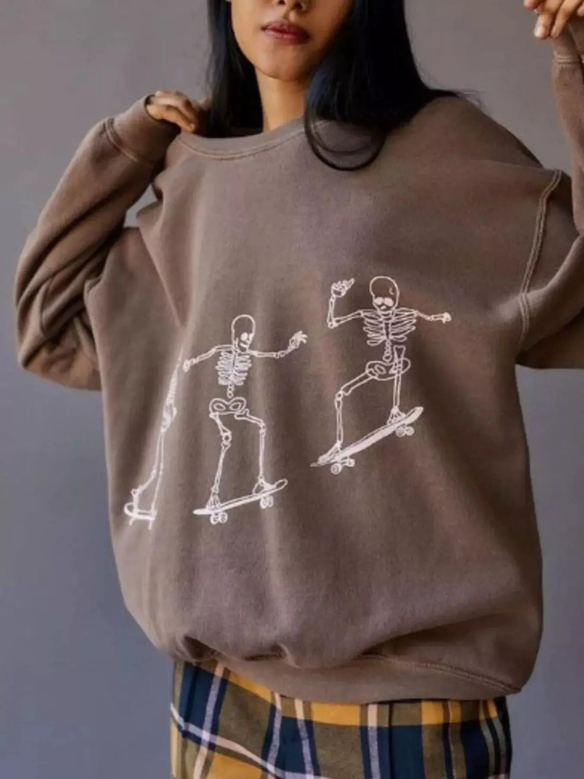 Skeleton Graphic Round Neck Sweatshirt by Trendsi