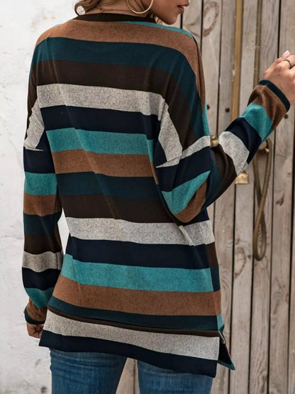 Full Size Casual Striped Long Sleeve Crew Neck Top Plus Size by Trendsi