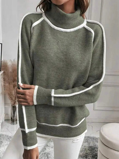 Full Size Contrast Trim Ribbed Hem Turtleneck Sweater Plus Size by Trendsi