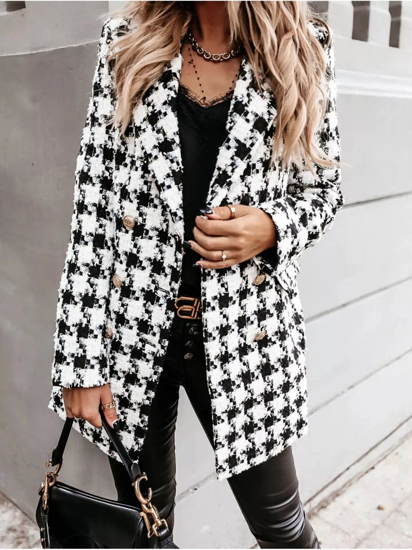Plaid Tweed Double-Breasted Coat by Trendsi