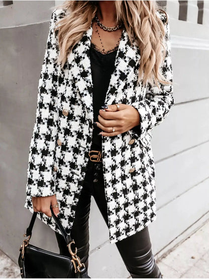 Plaid Tweed Double-Breasted Coat by Trendsi