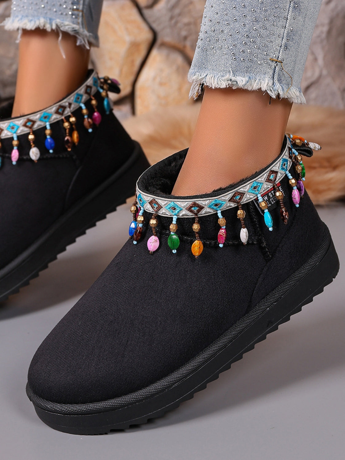 Thermal Faux Fur Beaded Platform Boots