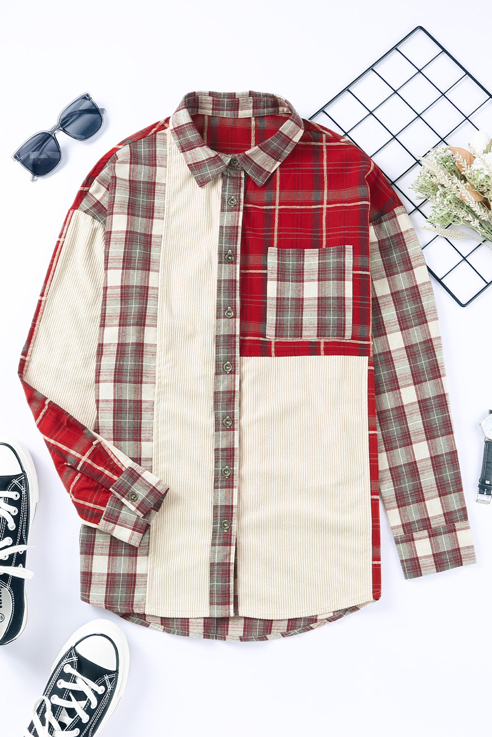 Plaid Patchwork Collared Neck Shacket