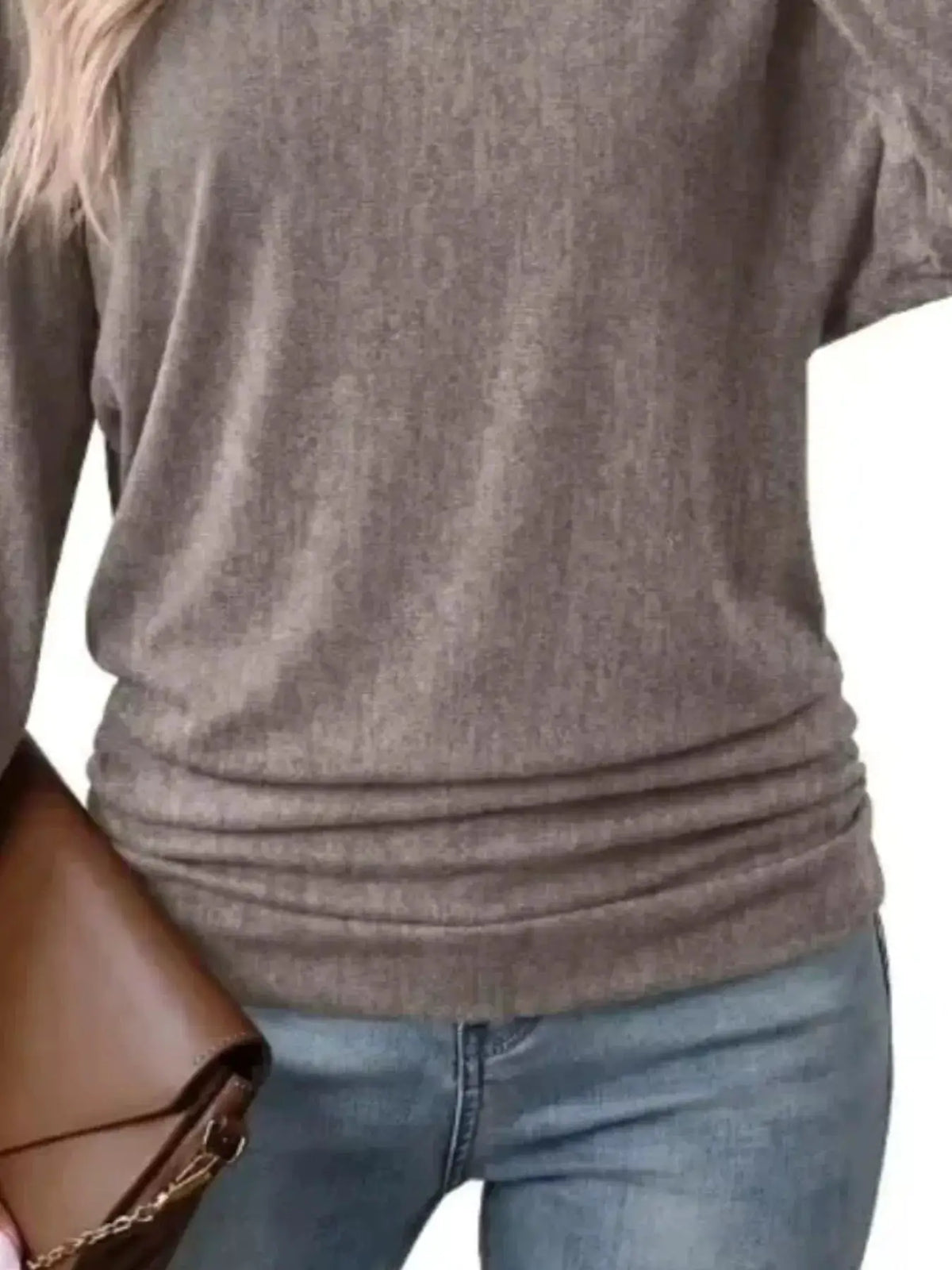 Long Sleeve Crew Neck Casual T-Shirt with Ruched Hem by Trendsi
