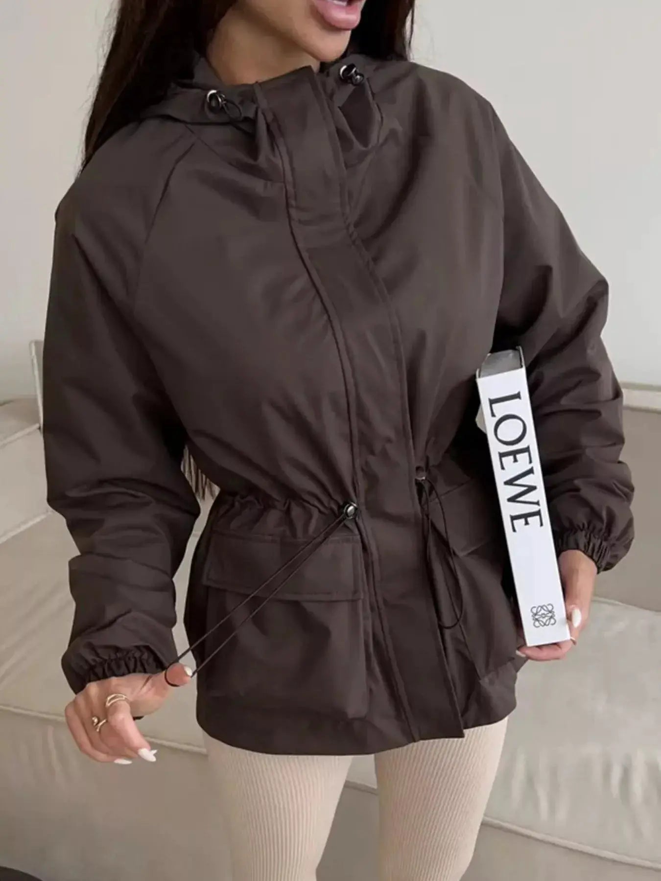 Drawstring Waist Hooded Windbreaker Outerwear by Trendsi