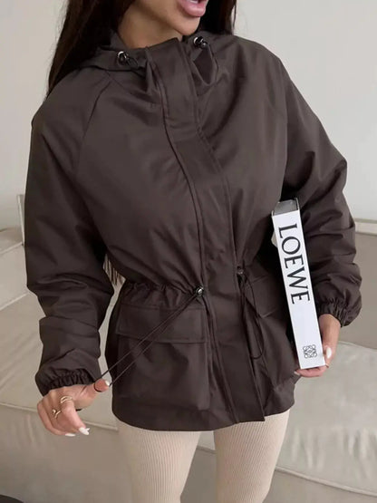 Drawstring Waist Hooded Windbreaker Outerwear by Trendsi