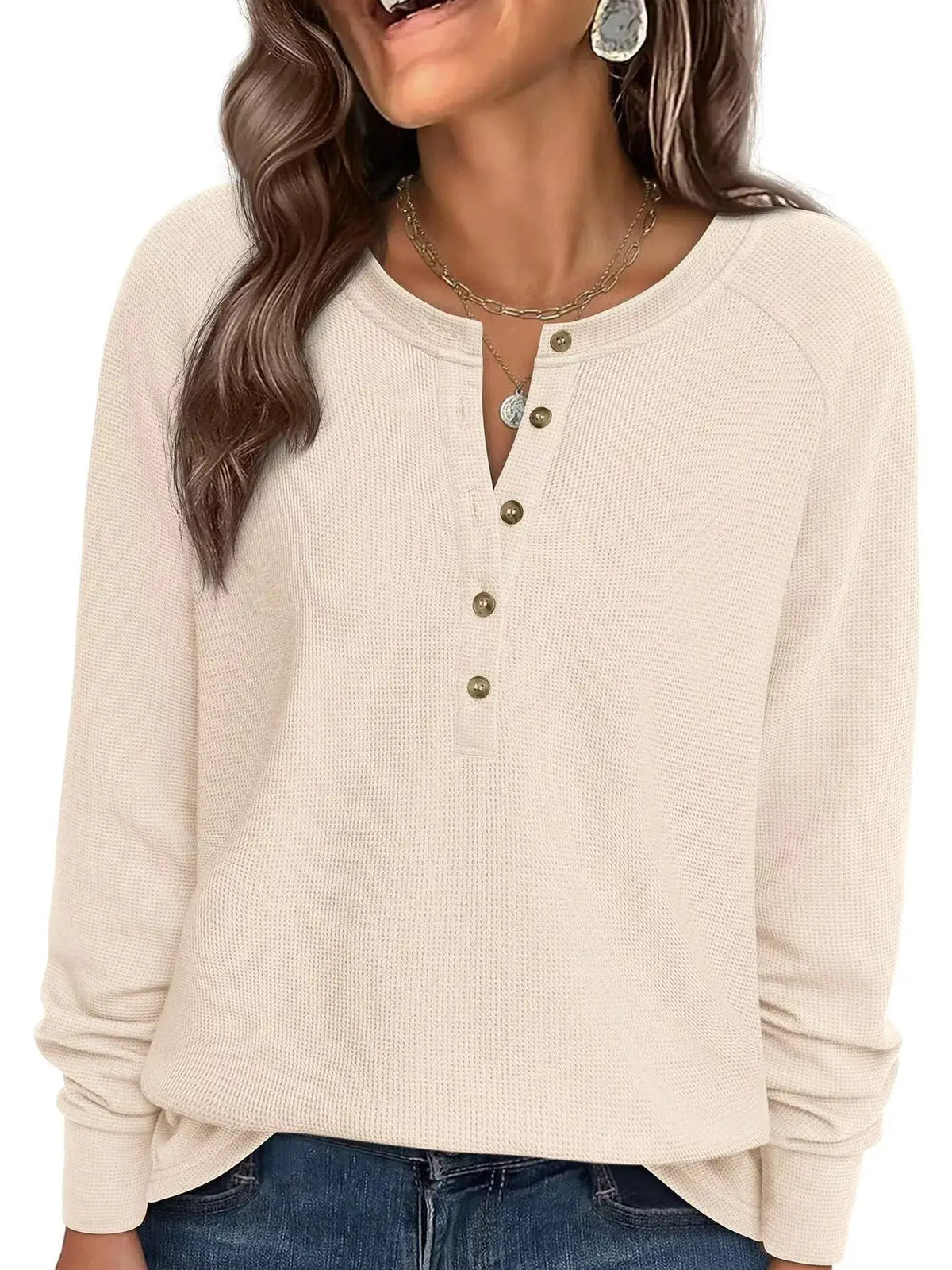 Waffle Knit Henley Long Sleeve T-Shirt by Trendsi