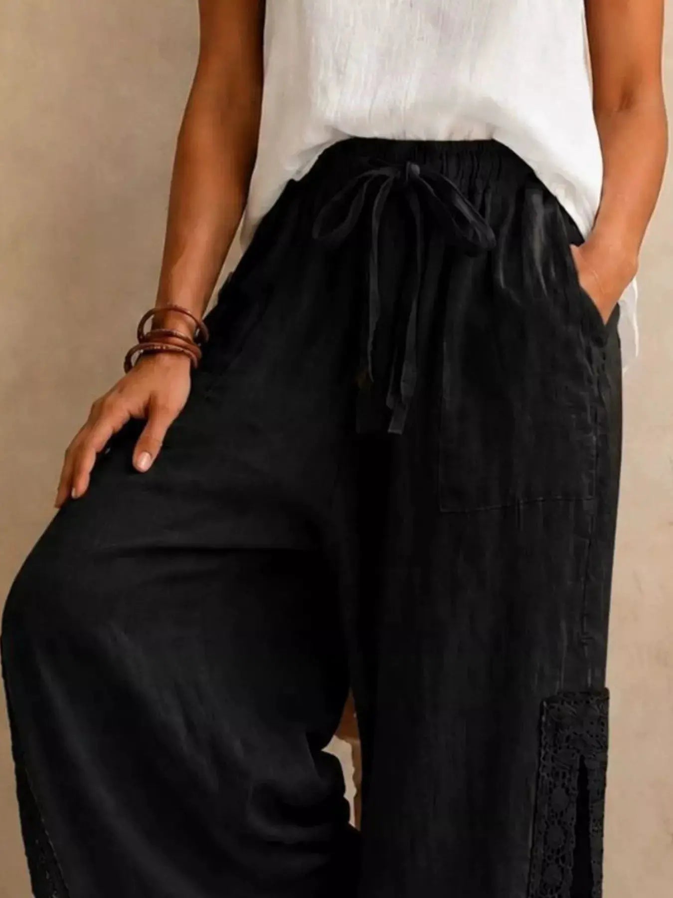 Lace Detail Slit Wide Leg Pants by Trendsi