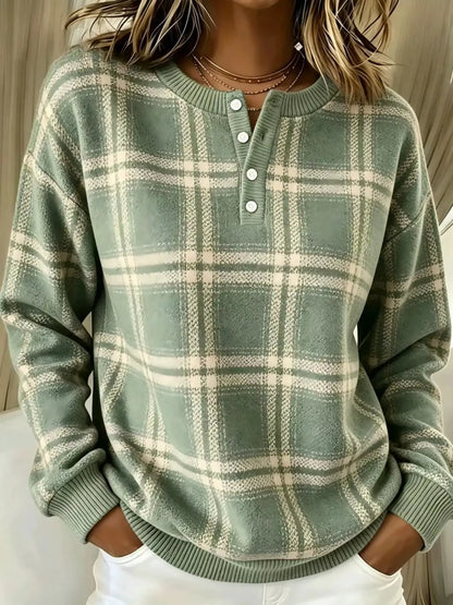 Full Size Plaid Button Detail Long Sleeve Sweatshirt Plus Size by Trendsi