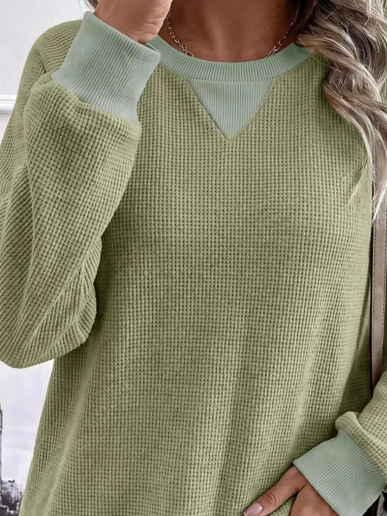 Waffle Knit Crew Neck Long Sleeve Sweatshirt by Trendsi