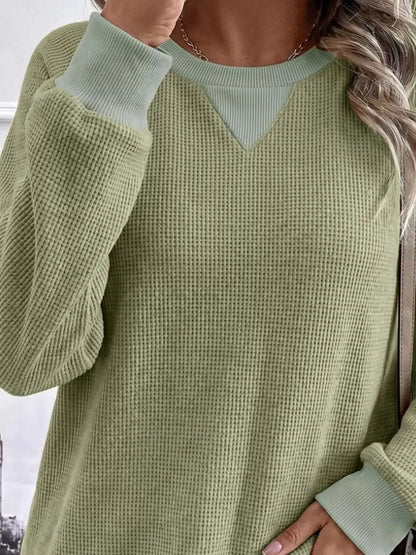 Waffle Knit Crew Neck Long Sleeve Sweatshirt by Trendsi
