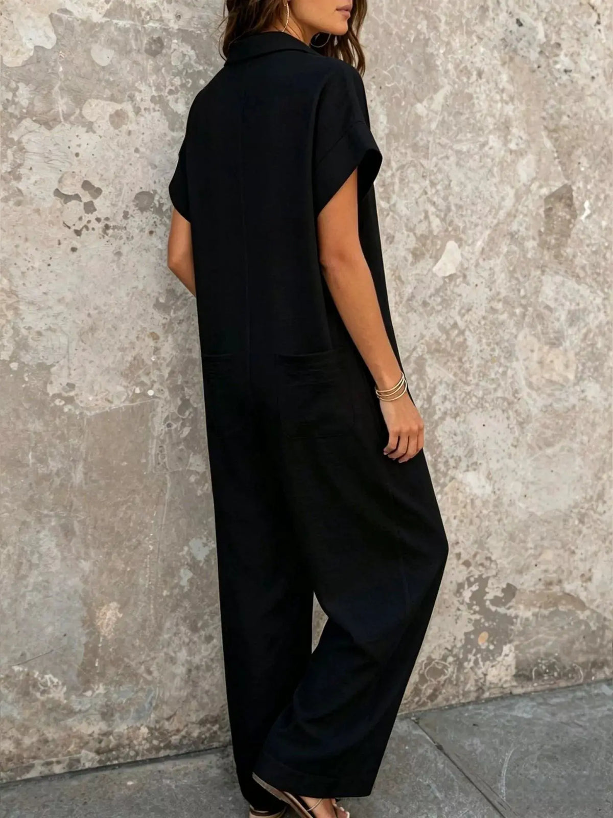 Button Front Short Sleeve Jumpsuit by Trendsi